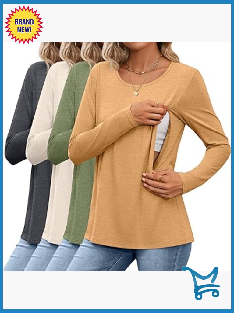 4 Pack Cotton Nursing Tops Long Sleeve Hidden Zippers Maternity Tees
